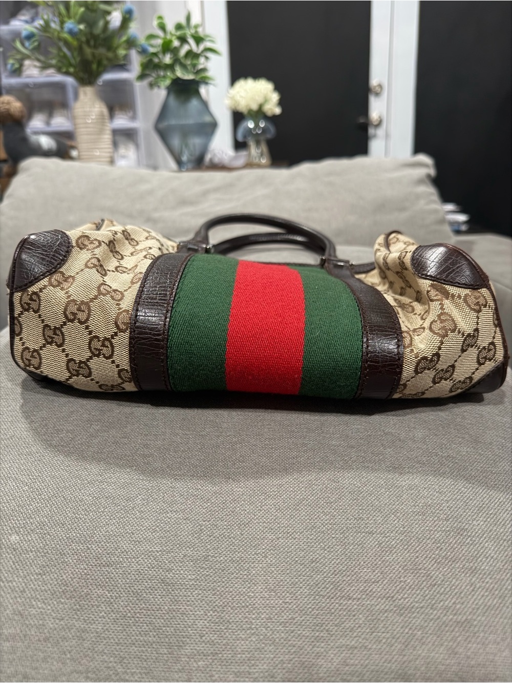 Gucci Brown Monogram Messenger Bag with Green and Red Center Stripe - Picture 5 of 8